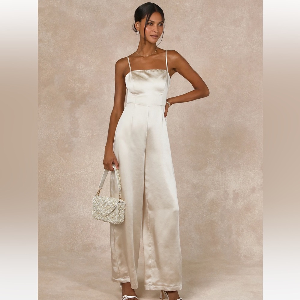 Stylish Brilliance Champagne Satin Sleeveless Wide-Leg Jumpsuit